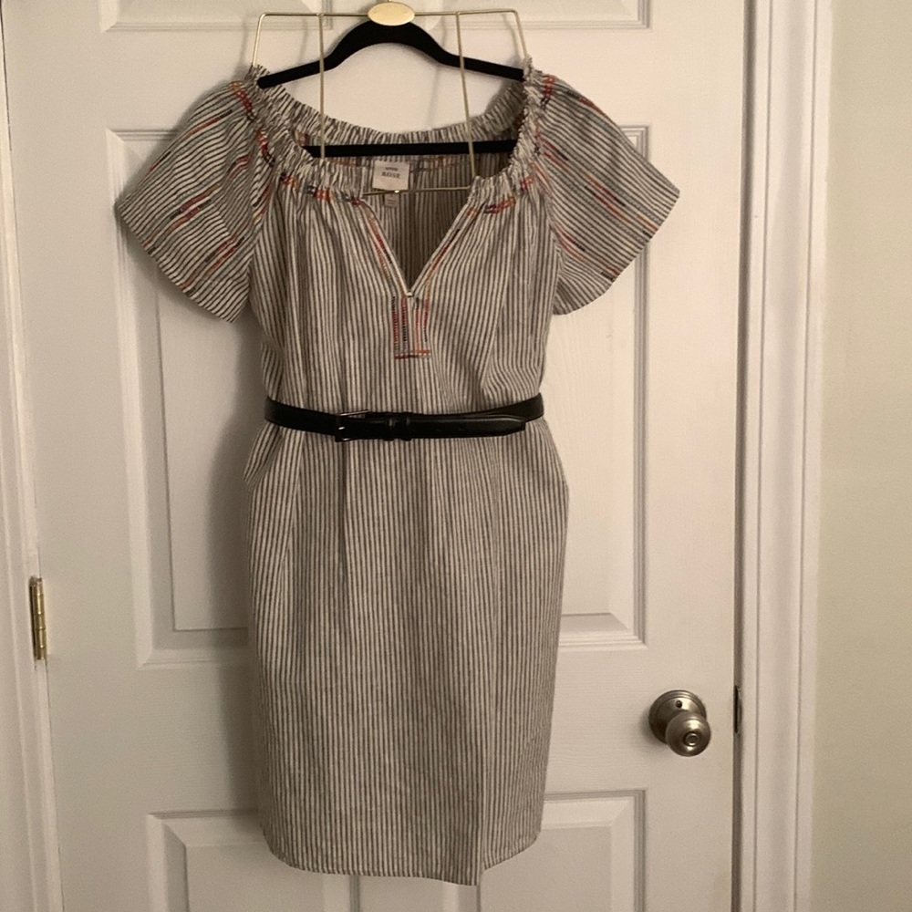 Knox Rose Blue Pinstripes on Beige Dress Size S #601